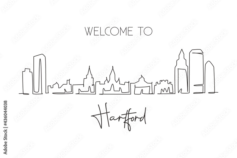 Single continuous line drawing Hartford city skyline, Connecticut. Famous city scraper landscape. World travel home wall decor art poster print concept. Modern one line draw design vector illustration