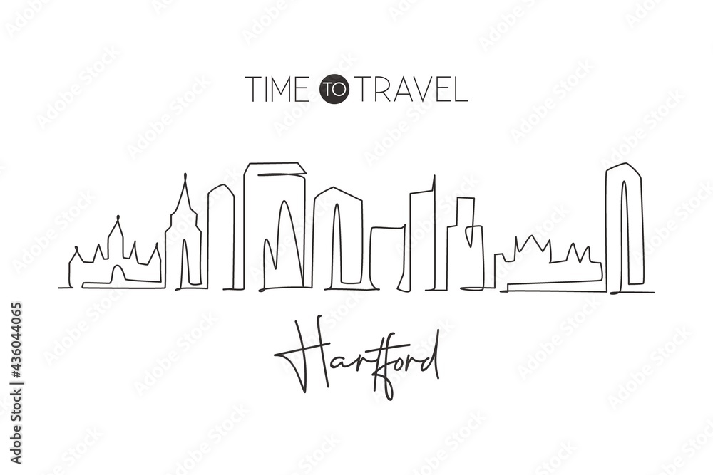 One continuous line drawing of Hartford city skyline, Connecticut. Beautiful landmark. World landscape tourism travel home wall decor poster print. Stylish single line draw design vector illustration