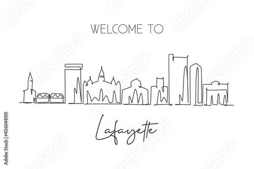 One continuous line drawing of Lafayette city skyline  Louisiana. Beautiful landmark. World landscape tourism travel home wall decor poster print. Stylish single line draw design vector illustration