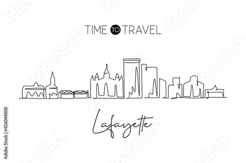 Single continuous line drawing of Lafayette skyline  Louisiana. Famous city scraper landscape. World travel home wall decor art poster print concept. Modern one line draw design vector illustration