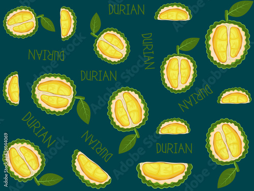 Wallpaper seamless durian cut piece isolated on green background. King of fruit. Thailand tropical fruit.