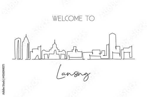 Single continuous line drawing of Lansing city skyline, Michigan. Famous city scraper landscape. World travel home wall decor art poster print concept. Modern one line draw design vector illustration photo