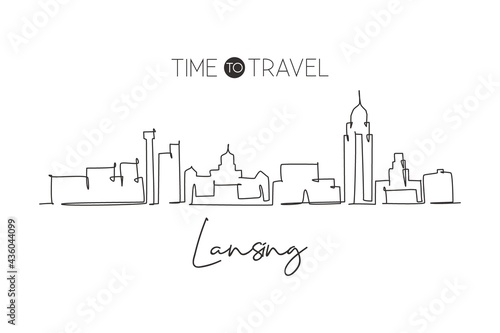 One continuous line drawing of Lansing city skyline, Michigan. Beautiful landmark. World landscape tourism travel home wall decor poster print. Stylish single line draw design vector illustration