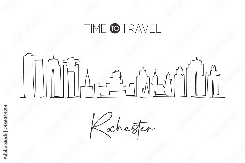 One single line drawing Rochester city skyline, Minnesota. World historical town landscape postcard. Best holiday destination. Editable stroke trendy continuous line draw design vector illustration