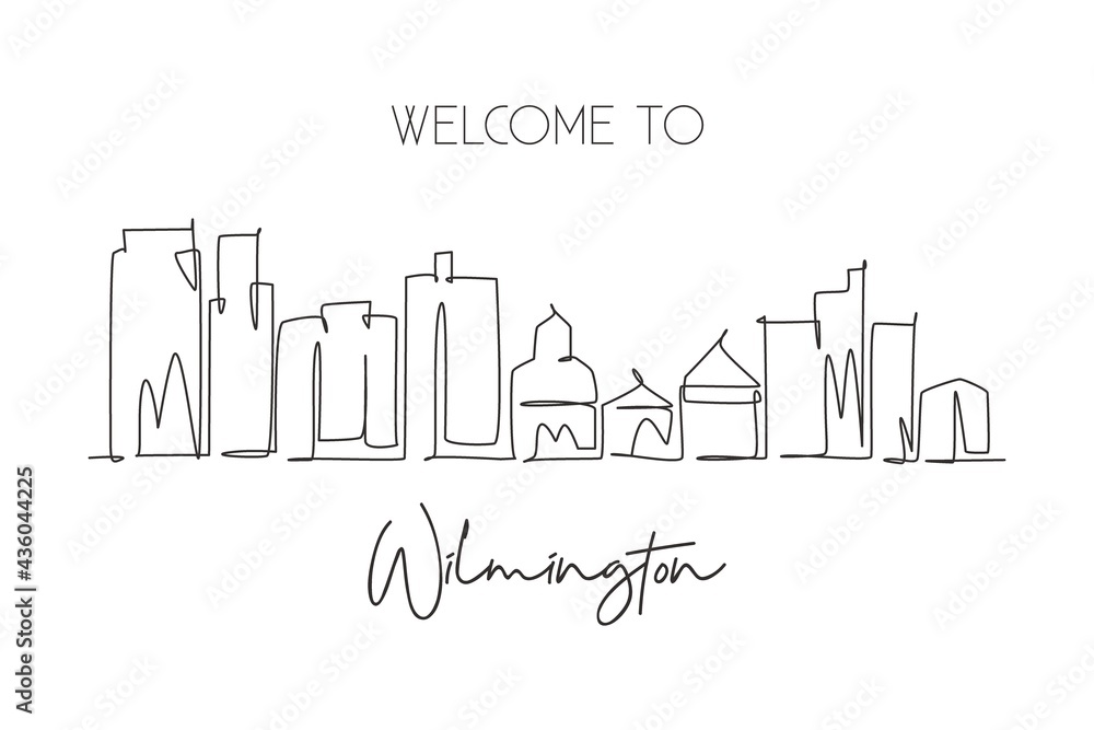 One single line drawing Wilmington city skyline, Delaware. World historical town landscape postcard. Best holiday destination. Editable stroke trendy continuous line draw design vector illustration