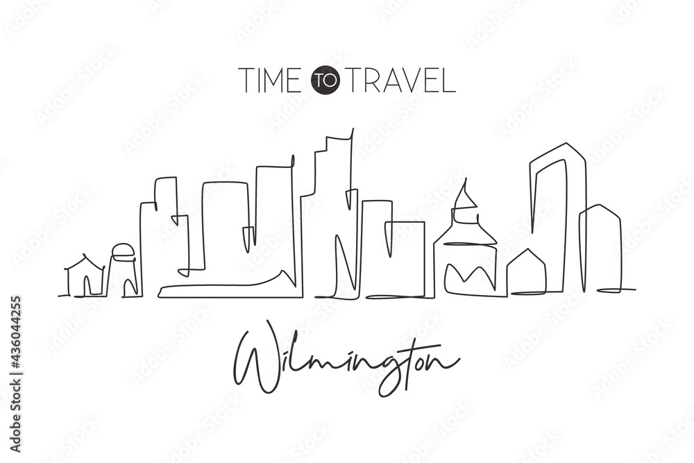 Single continuous line drawing Wilmington city skyline, Delaware. Famous city scraper landscape. World travel home wall decor art poster print concept. Modern one line draw design vector illustration