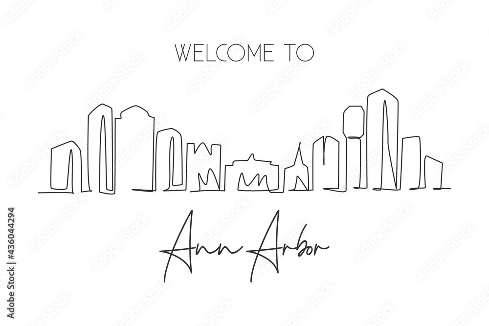 One continuous line drawing of Ann Arbor city skyline, Michigan. Beautiful landmark. World landscape tourism travel home wall decor poster print. Stylish single line draw design vector illustration
