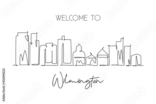 One single line drawing Wilmington city skyline  Delaware. World historical town landscape postcard. Best holiday destination. Editable stroke trendy continuous line draw design vector illustration