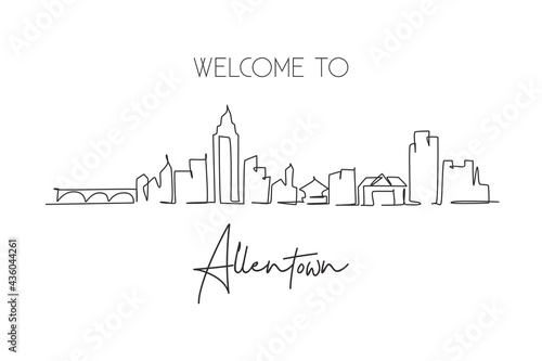 One single line drawing Allentown city skyline, Pennsylvania. World historical town landscape postcard. Best holiday destination. Editable stroke trendy continuous line draw design vector illustration photo