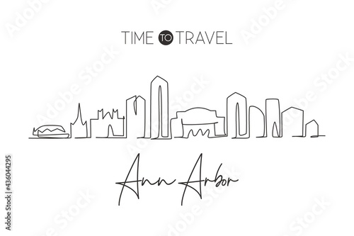 One single line drawing Ann Arbor city skyline  Michigan. World historical town landscape postcard. Best holiday destination. Editable stroke trendy continuous line draw design vector illustration