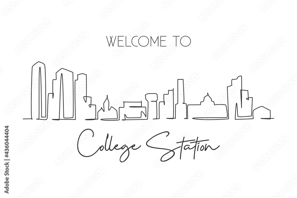 One continuous line drawing College Station city skyline, Texas. Beautiful landmark. World landscape tourism travel home wall decor poster print. Stylish single line draw design vector illustration