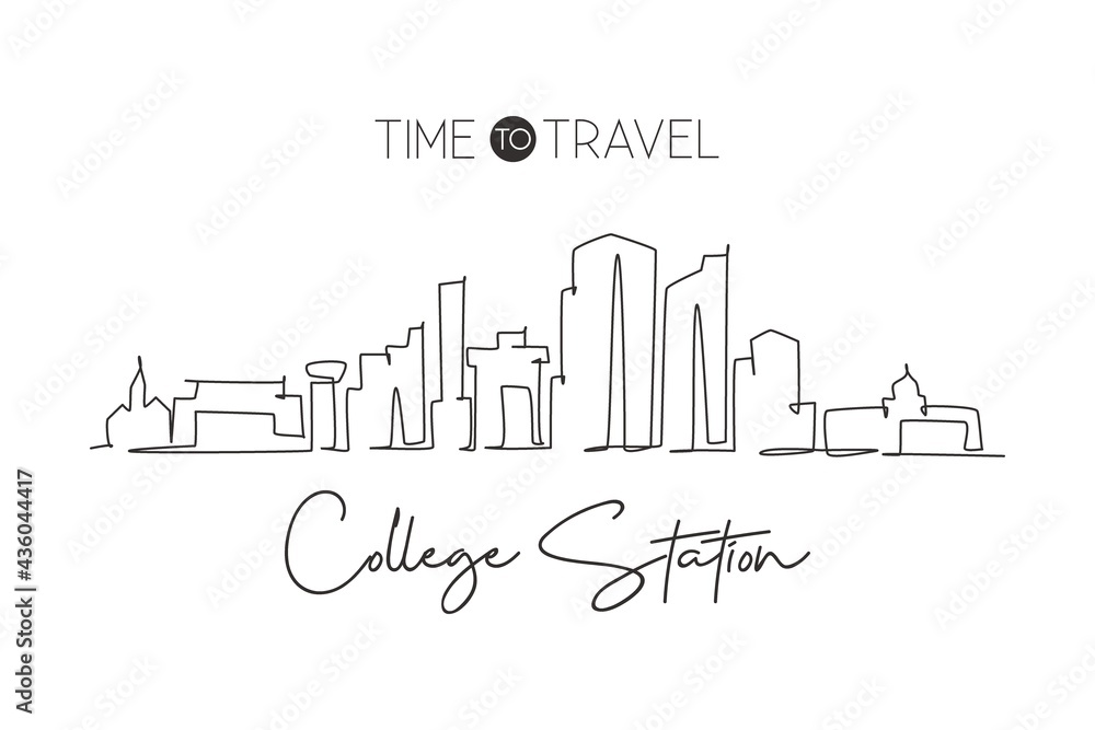 Single continuous line drawing of College Station skyline, Texas. Famous city scraper landscape. World travel home wall decor art poster print concept. Modern one line draw design vector illustration
