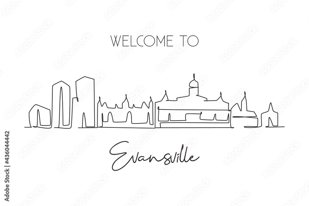 One continuous line drawing of Evansville city skyline, Indiana. Beautiful landmark. World landscape tourism travel home wall decor poster print. Stylish single line draw design vector illustration One continuous line drawing of Evansville city skyline, Indiana. Beautiful landmark. World landscape tourism travel home wall decor poster print. Stylish single line draw design vector illustration