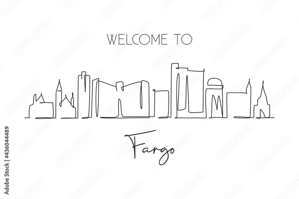 One single line drawing Fargo city skyline, North Dakota. World historical town landscape postcard. Best holiday destination. Editable stroke trendy continuous line draw design vector illustration