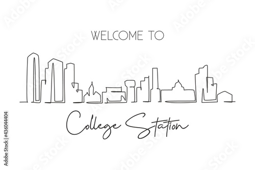 One continuous line drawing College Station city skyline, Texas. Beautiful landmark. World landscape tourism travel home wall decor poster print. Stylish single line draw design vector illustration