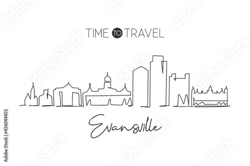 One continuous line drawing of Evansville city skyline, Indiana. Beautiful landmark. World landscape tourism travel home wall decor poster print. Stylish single line draw design vector illustration