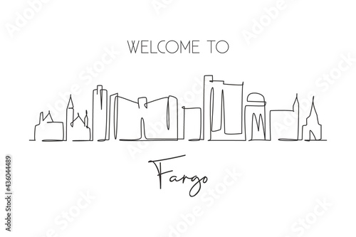 One single line drawing Fargo city skyline  North Dakota. World historical town landscape postcard. Best holiday destination. Editable stroke trendy continuous line draw design vector illustration