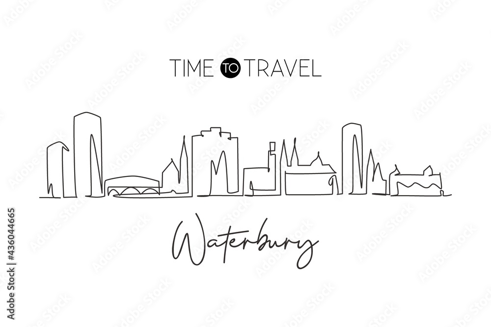 One continuous line drawing Waterbury city skyline Connecticut. Beautiful landmark art. World landscape tourism travel home wall decor poster print. Stylish single line draw design vector illustration