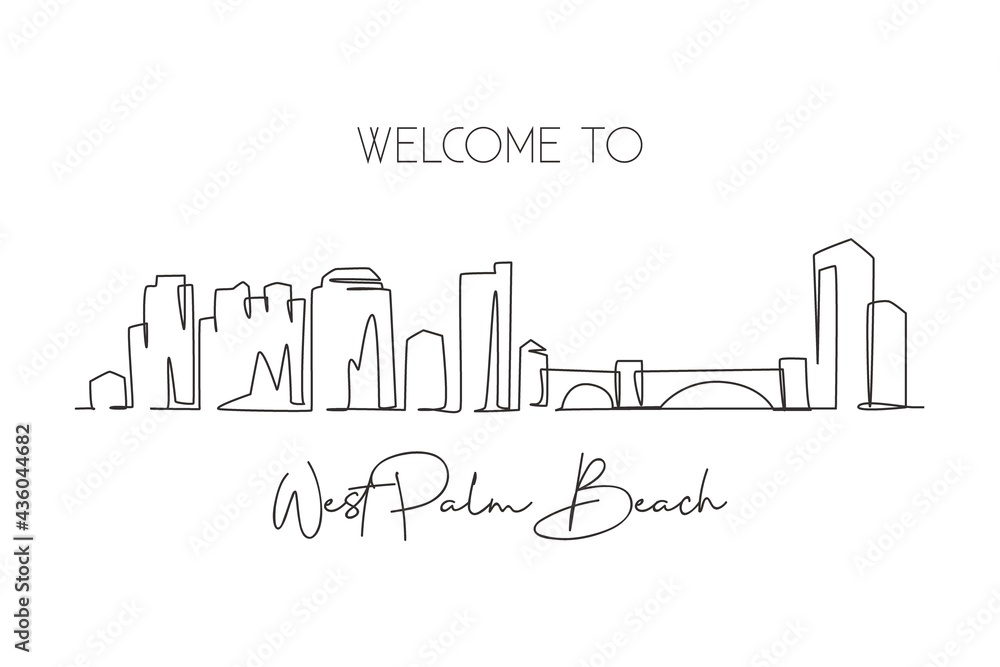 One single line drawing West Palm Beach city skyline Florida. World historical town landscape. Best holiday destination postcard. Editable stroke trendy continuous line draw design vector illustration