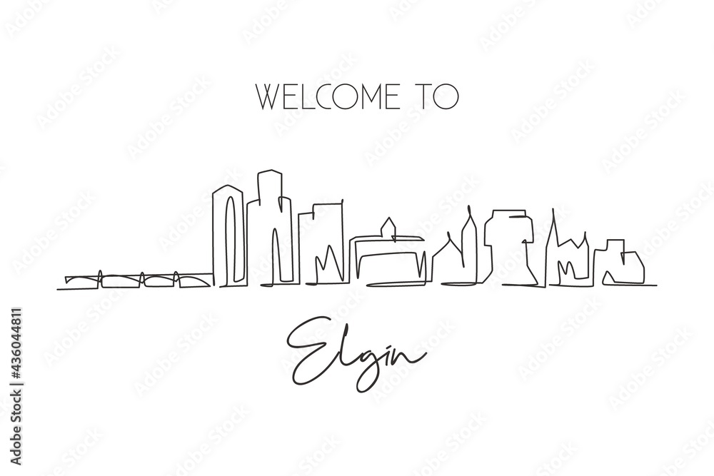 One single line drawing Elgin city skyline, Illinois. World historical town landscape. Best holiday destination postcard. Editable stroke trendy continuous line draw design vector illustration