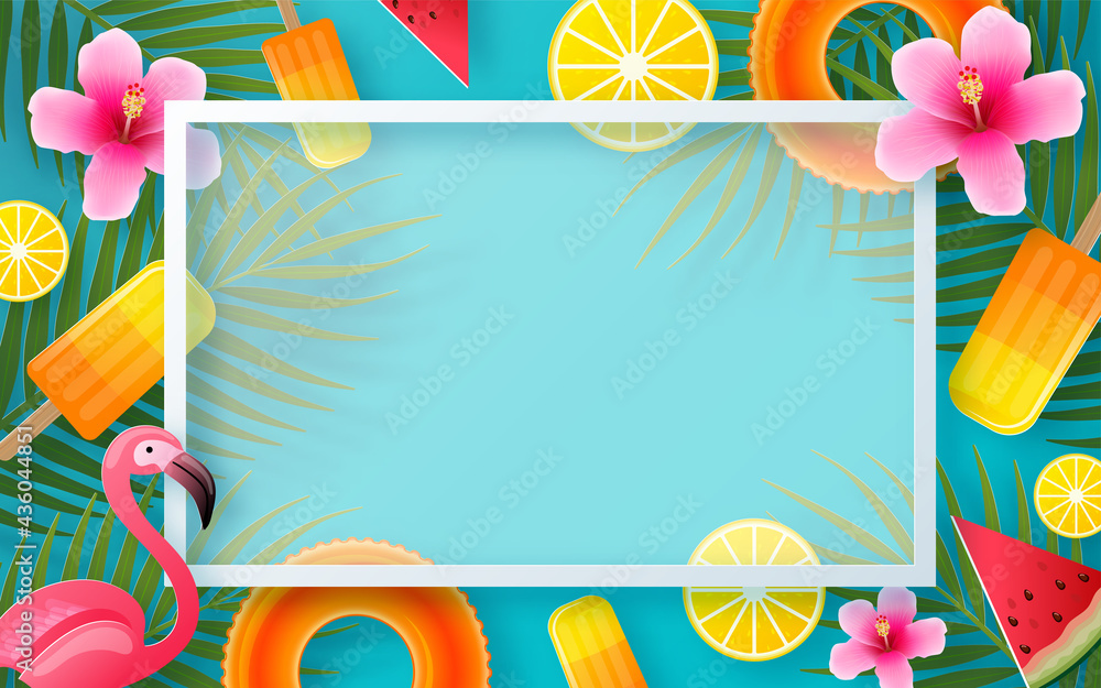 Φωτογραφία Summer time holiday vector design with beach,colorful tropical flowers heliconia rostrata,fruit,sea,nature,summer drink,under the sea,coral,flamingo,sun,sand,cocktail, paper cut style on background