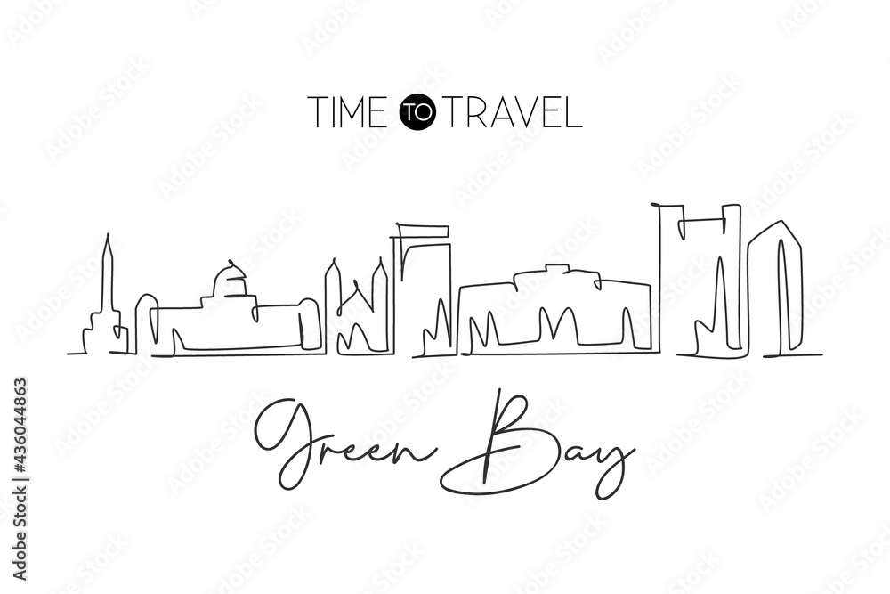One single line drawing Green Bay city skyline, Wisconsin. World historical town landscape. Best holiday destination postcard. Editable stroke trendy continuous line draw design vector illustration