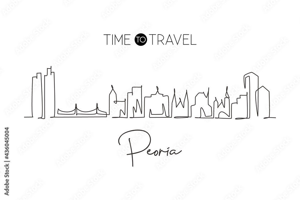 One single line drawing Peoria city skyline, Illinois. World historical town landscape. Best holiday destination postcard print. Editable stroke trendy continuous line draw design vector illustration