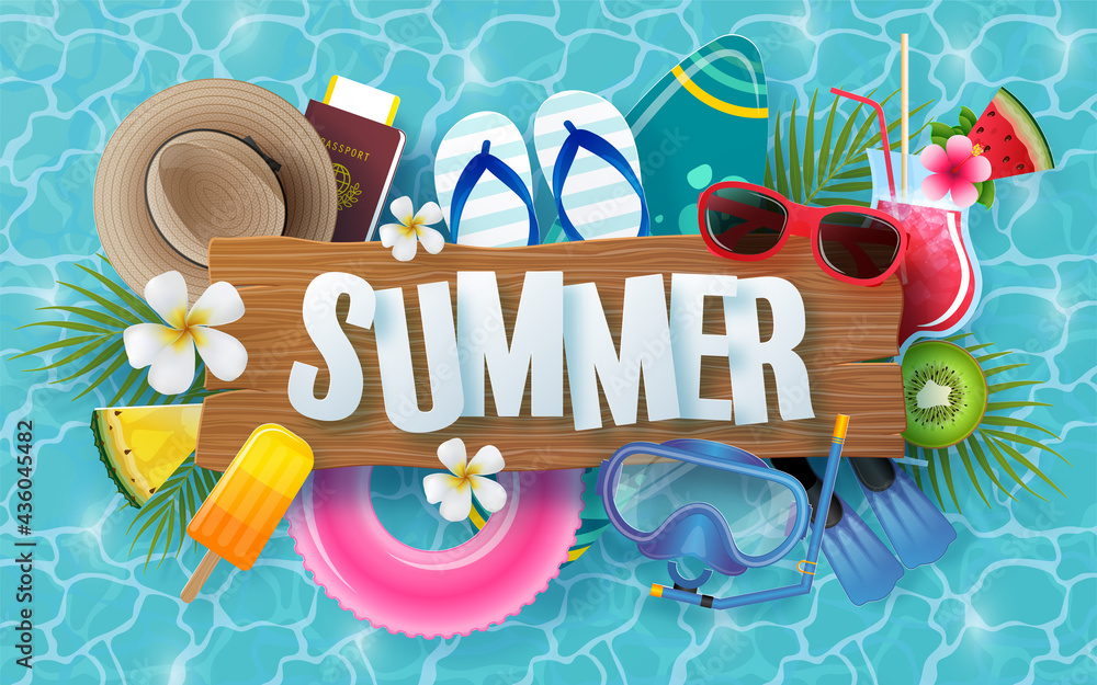Φωτογραφία Summer time holiday vector design with beach,colorful tropical flowers heliconia rostrata,fruit,sea,nature,summer drink,under the sea,coral,flamingo,sun,sand,cocktail, paper cut style on background