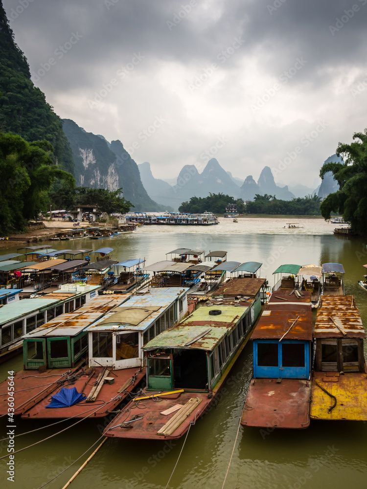 Boats on the Li river in Yangshuo