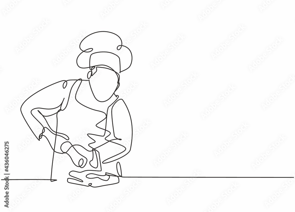 Single continuous line drawing of young happy male chef sparkling salt paper seasoning into meal dish. Preparing organic food for catering concept one line drawing design vector graphic illustration Single continuous line drawing of young happy male chef sparkling salt paper seasoning into meal dish. Preparing organic food for catering concept one line drawing design vector graphic illustration