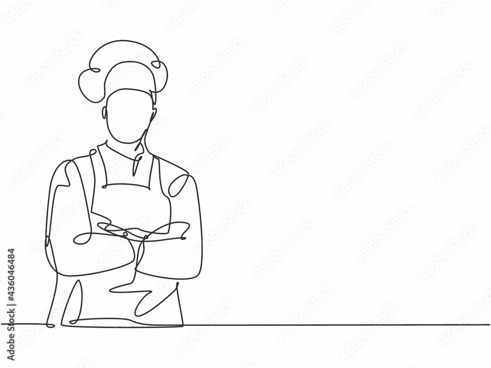 Single continuous line drawing of  young confident handsome male chef in uniform pose standing and crossing arm in chest. Resto banner model concept one line drawing design vector graphic illustration