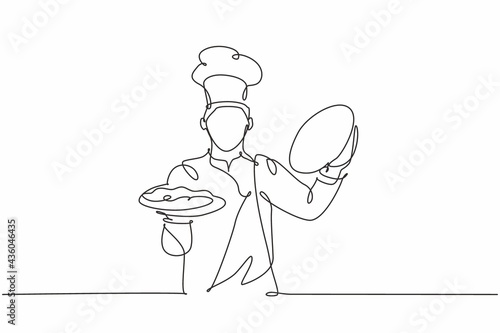 One continuous line drawing of young handsome male chef opening cloche tray to serve main dish to customer at hotel restaurant. Excellent service concept single line draw design vector illustration