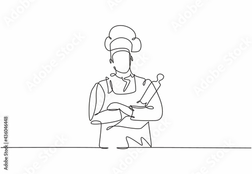 Continuous one line drawing of young attractive handsome male chef holding wood rolling pin while arm crossed on chest. Service excellent concept single line draw graphic design vector illustration