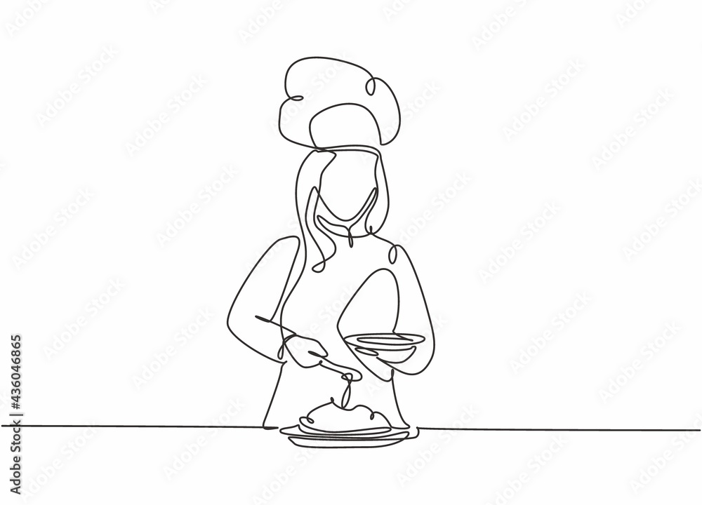 Single continuous line drawing of young happy female chef pouring sauce on main dish to serve to customer. Preparing healthy food concept one line drawing design vector minimalism illustration