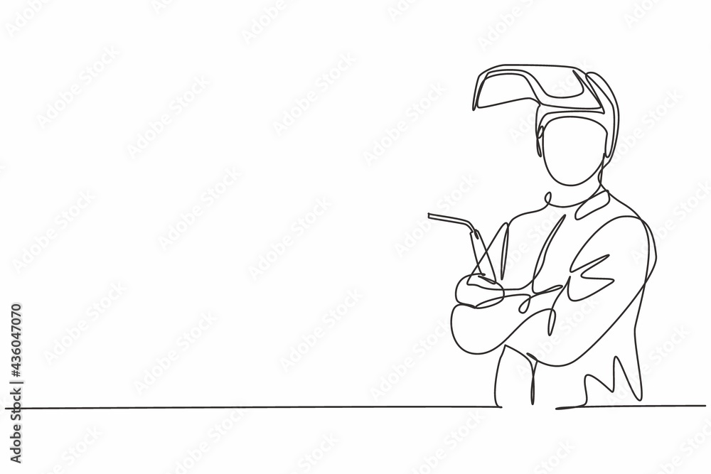 Continuous one line drawing of young male welder wearing mask posing crossed arms on chest. Professional job profession minimalist concept. Single line draw design vector graphic illustration Continuous one line drawing of young male welder wearing mask posing crossed arms on chest. Professional job profession minimalist concept. Single line draw design vector graphic illustration