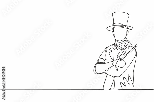 Single continuous line drawing of young male magician cross arm on chest while holding magic wand. Professional work job occupation. Minimalism concept one line draw graphic design vector illustration