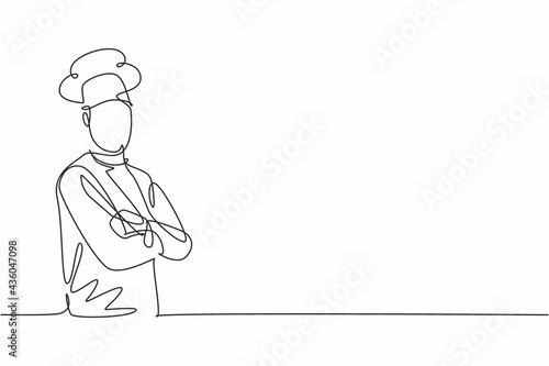 Continuous one line drawing young male chef pose cross his arms on chest before cooking at kitchen. Professional job profession minimalist concept. Single line draw design vector graphic illustration photo