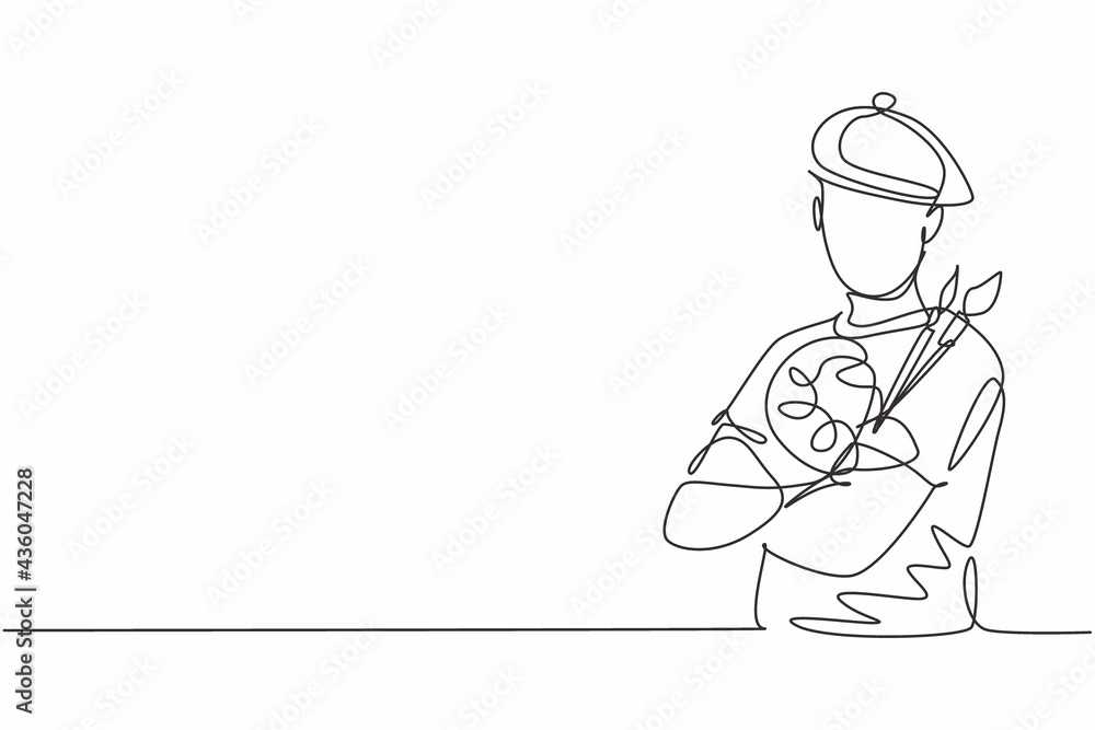 Continuous one line drawing of young male painter artist pose cross arm on chest before painting. Professional job profession minimalist concept. Single line draw design vector graphic illustration Continuous one line drawing of young male painter artist pose cross arm on chest before painting. Professional job profession minimalist concept. Single line draw design vector graphic illustration