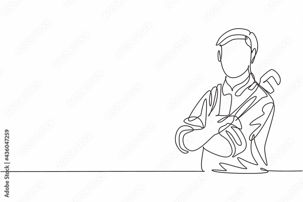 Continuous one line drawing of young male plumber cross his arm on chest while holding pipe wrench. Professional job profession minimalist concept. Single line draw design vector graphic illustration