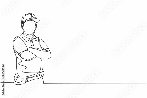 Continuous one line drawing of young delivery man with uniform posing cross his hands on chest. Professional job profession minimalist concept. Single line draw design vector graphic illustration