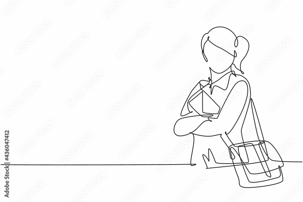 Single one line drawing of young postwoman holding letter and pose cross arms. Professional work profession and occupation minimal concept. Continuous line draw design graphic vector illustration Single one line drawing of young postwoman holding letter and pose cross arms. Professional work profession and occupation minimal concept. Continuous line draw design graphic vector illustration