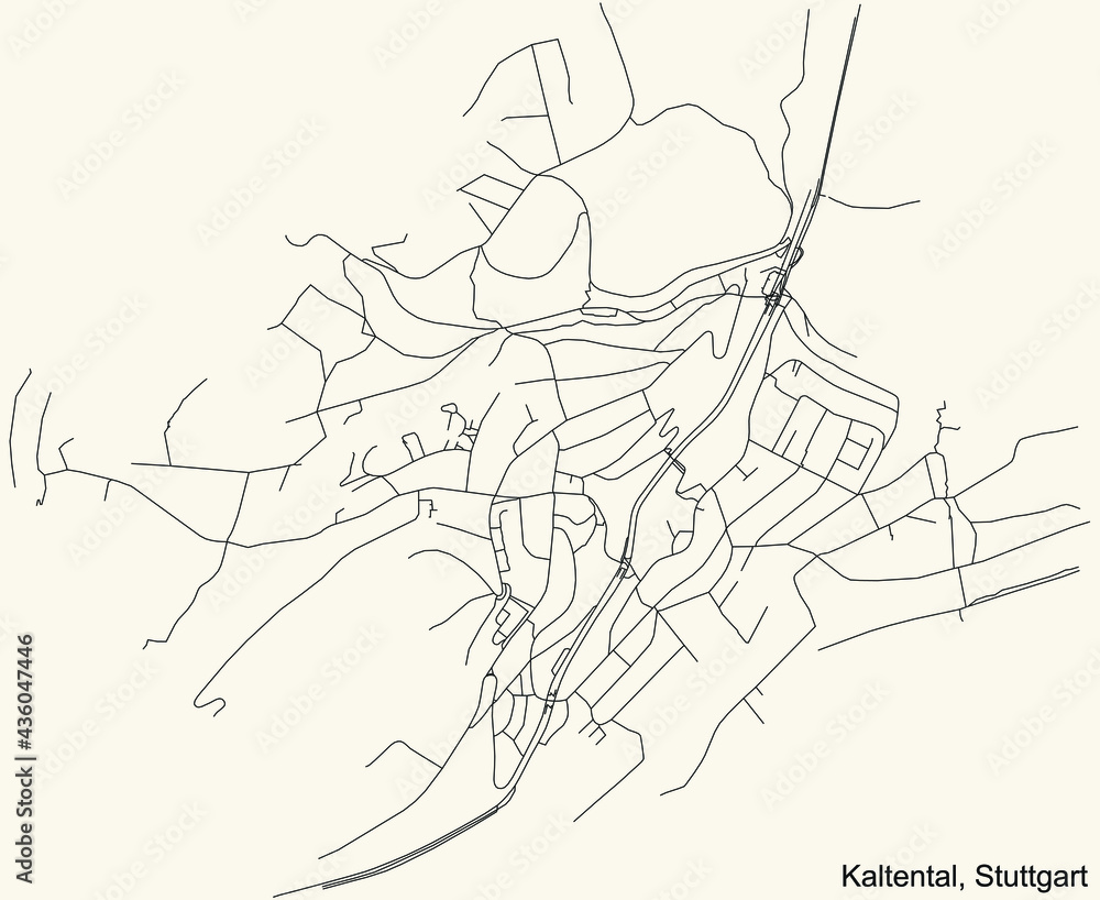 Black simple detailed street roads map on vintage beige background of the quarter Kaltental of district Süd of Stuttgart, Germany