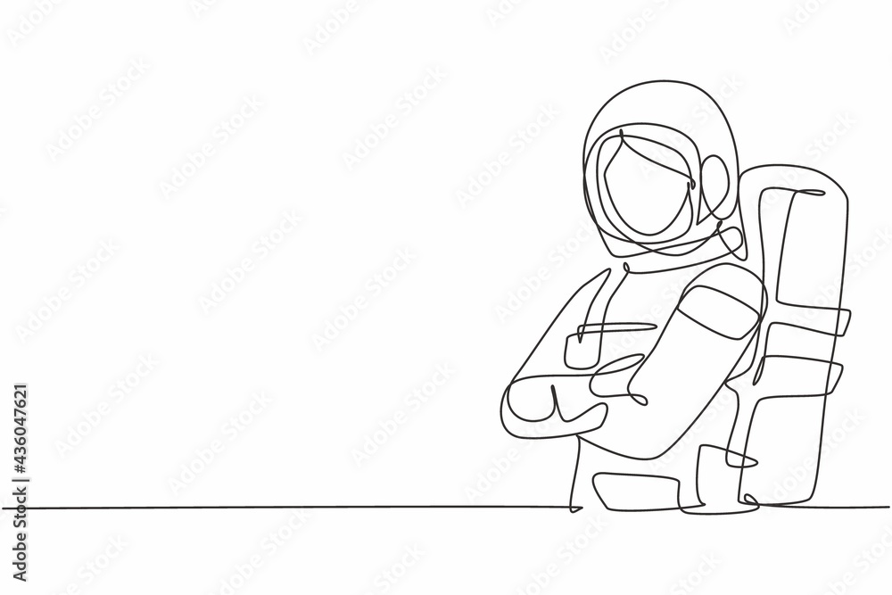 Continuous one line drawing of young female astronaut in space suit pose cross arms on chest. Professional job profession minimalist concept. Single line draw design vector graphic illustration Continuous one line drawing of young female astronaut in space suit pose cross arms on chest. Professional job profession minimalist concept. Single line draw design vector graphic illustration