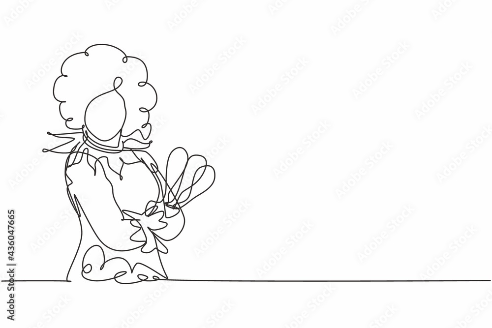 Continuous one line drawing of young female clown holding juggling pose cross arms on chest. Professional job profession minimalist concept. Single line draw design vector graphic illustration Continuous one line drawing of young female clown holding juggling pose cross arms on chest. Professional job profession minimalist concept. Single line draw design vector graphic illustration