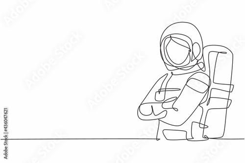 Continuous one line drawing of young female astronaut in space suit pose cross arms on chest. Professional job profession minimalist concept. Single line draw design vector graphic illustration