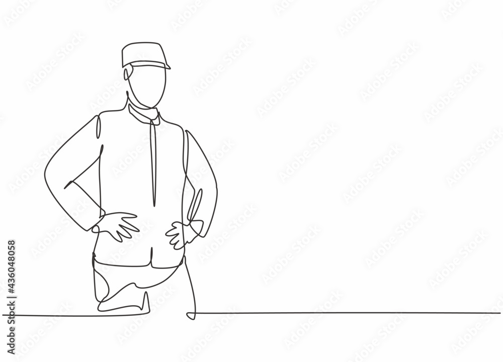 Single one line drawing of young bellboy wearing suit to wait the hotel guests. Professional work profession and occupation minimal concept. Continuous line draw design graphic vector illustration