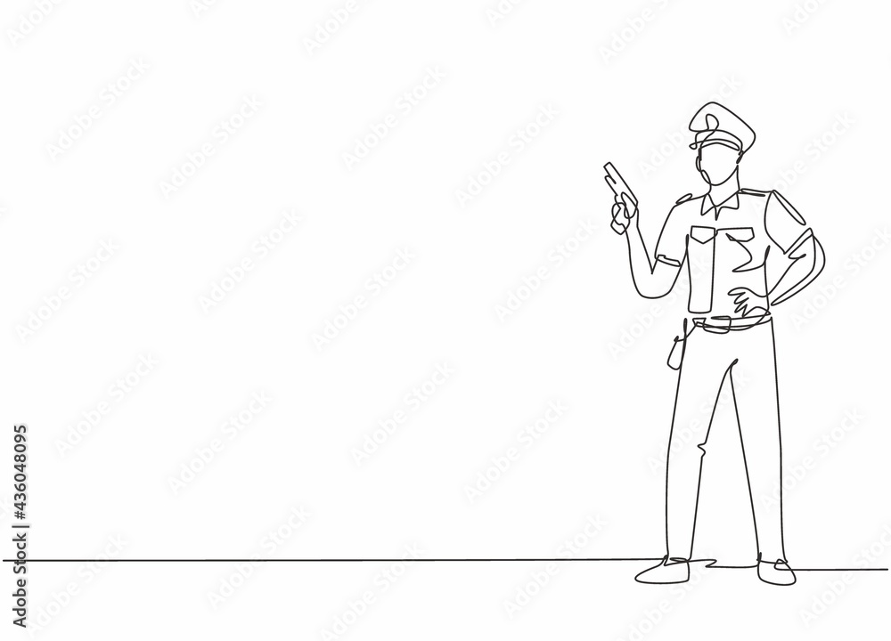 Single one line drawing young policeman pose standing while holding automatic hand gun. Professional work profession occupation minimal concept. Continuous line draw design graphic vector illustration