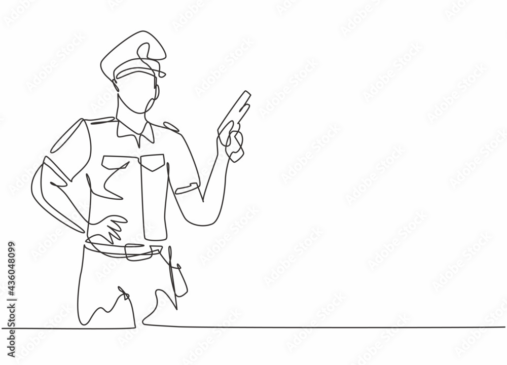 Continuous one line drawing of young policeman wearing uniform and holding hand revolver gun. Professional job profession minimalist concept. Single line draw design vector graphic illustration Continuous one line drawing of young policeman wearing uniform and holding hand revolver gun. Professional job profession minimalist concept. Single line draw design vector graphic illustration