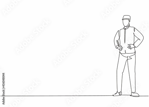 Continuous one line drawing of young handsome doorman pose standing and waiting for hotel guests. Professional job profession minimalist concept. Single line draw design vector graphic illustration