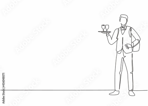 Single continuous line drawing of young male waiter pose standing while bringing tray with glass. Professional work job occupation. Minimalism concept one line draw graphic design vector illustration
